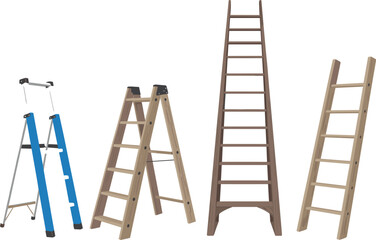Cartoon ladder collection, step and straight designs, metal and wood styles, construction tools, household access, climbing equipment, safety gear, vertical support, tool icons