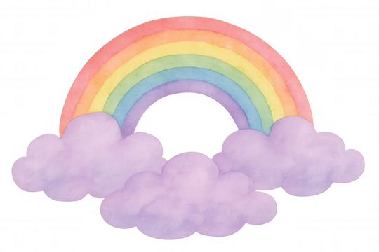 Colorful watercolor rainbow arching over purple clouds, creating a cheerful and whimsical design element on a transparent background