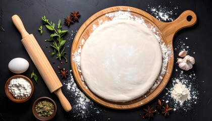Raw pizza dough sits atop a wooden board, surrounded by spices, a rolling pin, flour, and herbs, all placed on a dark countertop
