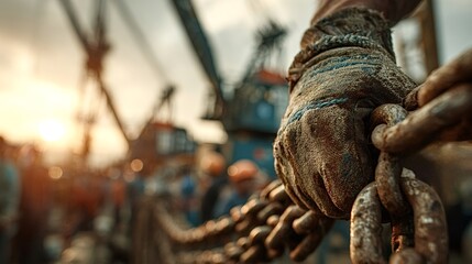 Gloved hand pulling a large rusty chain in a shipyard or port, with cranes and other industrial equipment visible in the background at sunset, symbolizing hard work and industry