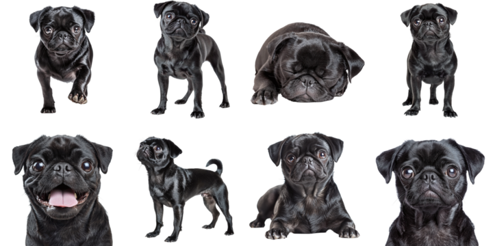 Set of black pug dogs isolated on transparent background PNG