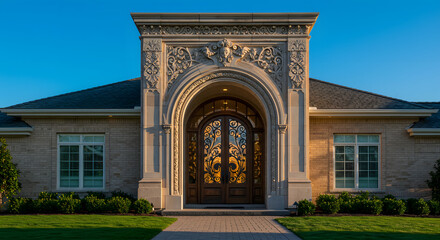 Fototapeta premium A beautifully designed residential doorway featuring intricate architectural details, set against a bright clear blue sky. Perfect for illustrating themes of luxury homes, architecture
