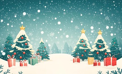Obraz premium Snowy Christmas Forest with Decorated Trees and Gifts. 