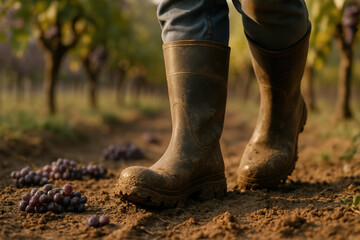 Farmer in muddy boots walking through vineyard at harvest time, ripe grape bunches scattered on soil among vine rows
