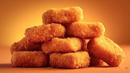 Breaded chicken nuggets forming a pyramid against a vibrant orange background, capturing the essence of fast food and indulgent eating habits, evoke cravings for crispy, golden brown snacks