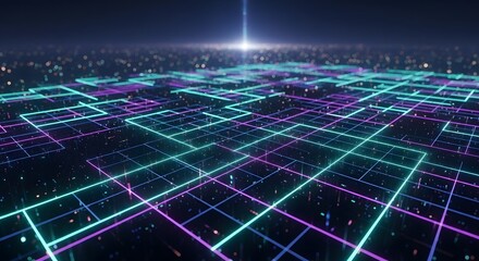 Futuristic cityscape grid of glowing neon data streams in a vast virtual world, symbolizing technology and connectivity