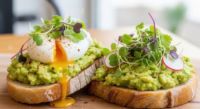 Avocado toast with poached egg and microgreens is a healthy and delicious breakfast dish