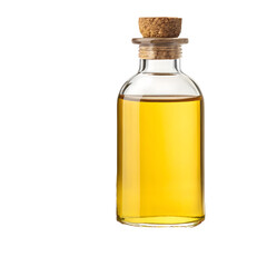 A clear glass bottle filled with yellow liquid and a cork stopper surrounded by brown seeds on white