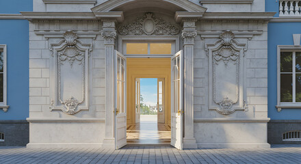 Naklejka premium A beautifully designed residential doorway featuring intricate architectural details, set against a bright clear blue sky. Perfect for illustrating themes of luxury homes, architecture