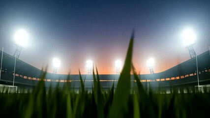 Nighttime view of an empty sports stadium with bright floodlights illuminating the field - Powered by Adobe