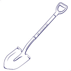 Vector Drawing of Shovel, Gardening Spade Tool Line Art Illustration, Detailed Vintage Engraving Style, Minimalist Black and White Outline of Agricultural Equipment, Landscaping and Farming Tool Icon 