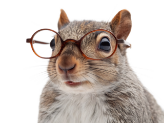Close up of a squirrel wearing brown framed glasses with a black background for easy masking use