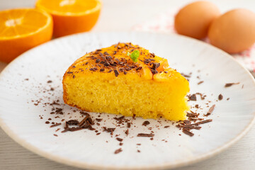 Orange upside-down cake. Delicious homemade sponge cake with organic orange slices.