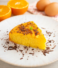 Orange upside-down cake. Delicious homemade sponge cake with organic orange slices.
