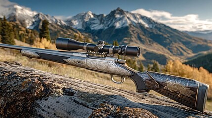High powered hunting rifle with scope resting on a log, overlooking a scenic mountain vista, embodying the spirit of hunting in the wilderness