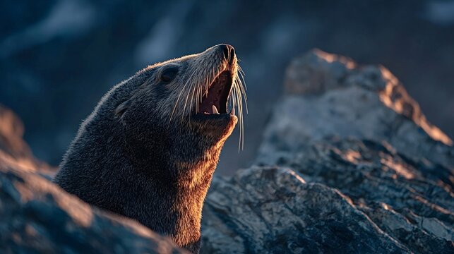 Brown fur seal roaring on rocky outcrops at sunset, displaying sharp teeth and prominent whiskers, creating a striking scene of wildlife in its natural coastal habitat