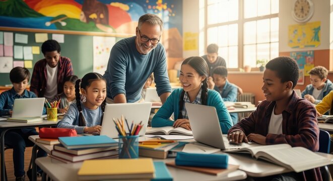 Teacher helping two smiling asian and african american kids with laptop use. Progressive school learning, modern education concept.