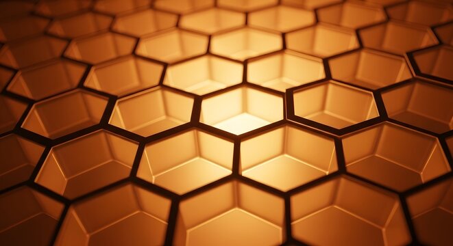 Abstract background featuring a futuristic three-dimensional hexagonal grid with a warm, glowing orange light