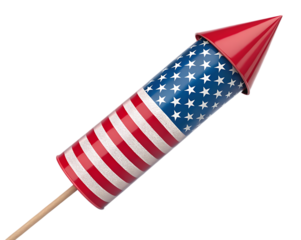 A patriotic firework rocket with american flag design isolated on a clean white background studio shot