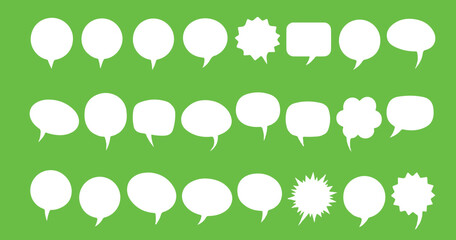 Collection of white speech bubbles and conversation icons on a green background symbolizing communication