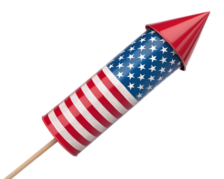 A patriotic firework rocket with american flag design isolated on a clean white background studio shot