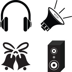 Collection of music and sound vector icons including headphones, speaker, megaphone, and bells. Perfect for audio, music, festival, and sound design projects.