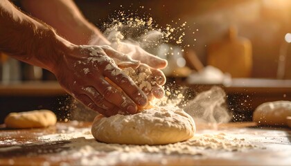 Hands Kneading Dough with Flour Dust Flying