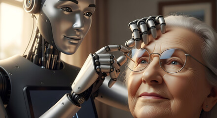 Robot Assisting Elderly Woman with Eyeglasses.