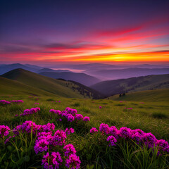 Obraz premium A field of bright pink wildflowers fills the foreground of a vast mountain landscape, with rolling green hills fading into hazy valley a dramatic sunset painting sky in fiery shades of red and orange 