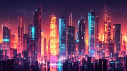 Fototapeta premium Futuristic city skyline illuminated by neon lights at night