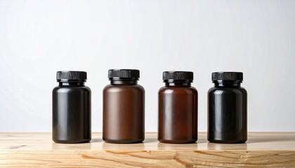 Four colored opaque bottles with black screw tops are neatly aligned on a light wood surface, set against a clean white backdrop