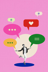 Trend artwork poster composite sketch image collage of young man stand smile like speech cloud blogger digital communication social online