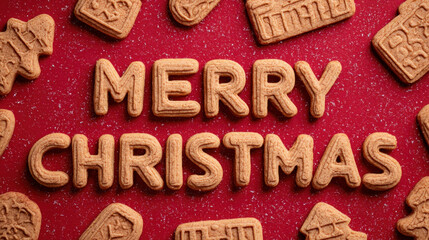 Merry Christmas letter cookies decorated on red background