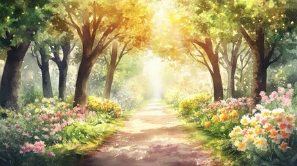 Obraz premium Serene path through flowering trees in peaceful park
