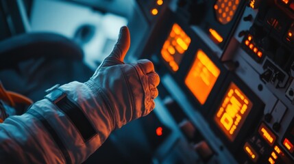 Adult man in spacesuit giving thumbs up inside spacecraft at night