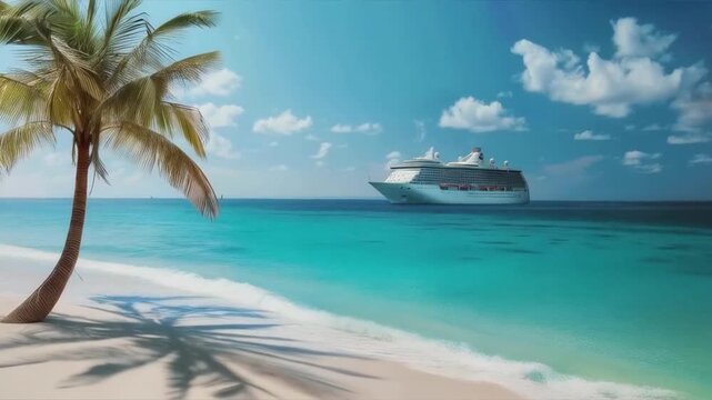 A snow-white beach with palm trees and a cruise ship on the horizon under a blue sky. Inspires content creation about travel, resort vacations, sea cruises, and tropical destinations, as well as for t