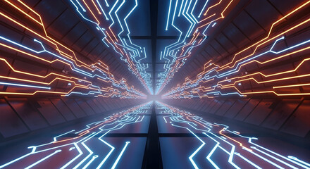 Futuristic Digital Circuitry Tunnel with Glowing Lines.
