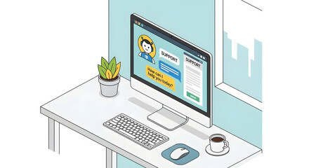 Isometric Illustration of Workspace with Computer and Plant.
