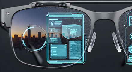 Futuristic Smart Glasses Displaying Data and Cityscape.