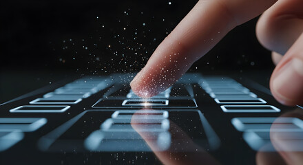 Finger Touching Futuristic Digital Keyboard Interface.