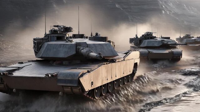 Armored Might: A Convoy of M1 Abrams Tanks Navigating a Water Obstacle During a Military Exercise, Displaying Power and Precision