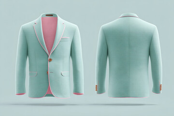 Stylish teal blazer with pink trim, featuring a modern design and sophisticated tailoring for a fashionable, polished look.