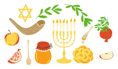 Hand drawn vector illustration of Rosh hashanah symbols including shofar, star of David, menorah, honey jar, challah bread, apple, pomegranate and leaves. Concept of jewish new year celebration