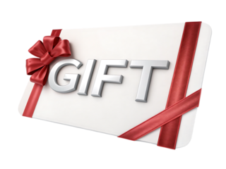 A white gift card with the word gift in silver letters and a red ribbon and bow on a white background