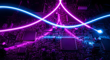 Neon Light Trails Over Computer Circuit Board.