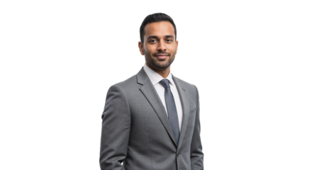 Professional man in a gray suit poses confidently against a white background during a formal portrait session