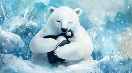 Polar bear hugging penguin in peaceful Arctic landscape