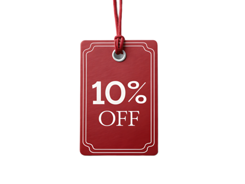 A red tag with white text displaying ten percent off hanging against a white background in a studio shot