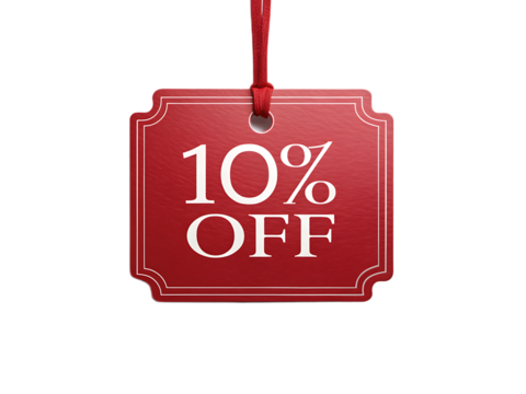 A red tag with a ten percent off discount hanging from a red ribbon on a white background plain and simple