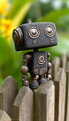 Whimsical Stone Robot Stands Proudly on Miniature Wooden Palisade Against a Lush Garden Backdrop